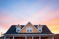 gambrel roof silhouette at sunset with warm sky