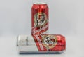 Gambrinus Czech beer cans closeup against white bacground Royalty Free Stock Photo