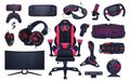 Game accessories. Professional gaming and IT profession equipment. Gamepad and computer monitor. PC peripherals. VR