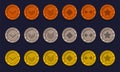 Game achievement badge or rank icon cartoon set. Gold, silver and bronze awards or medal reward. Level up coins with star and