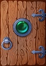 Game art wooden door with gem in the middle. Entrance to stone dungeon or secret room with treasures. Trading or collectible card