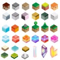 Game assets. Isometric texture bricks and magic crystals. Landscape, rock, water, magic design elements for gaming interface Royalty Free Stock Photo