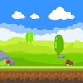 Game Background. Cartoon nature landscape, unending background with soil, stones, trees, mushrooms and cloudy sky layers