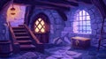 Game background illustration of an ancient royal castle interior with gothic window, wooden door, and empty trunk on Royalty Free Stock Photo