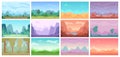 Game backgrounds. Flat colors nature landscapes exact vector illustrations
