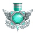 Game badge vector icon, rank award silver medal, level up achievement trophy illustration on white.