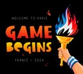 Game begins! Welcome to Paris, France, 2024. Cartoon golden torch with a blue-white-red fiery flame in its hand. Blazing fireGame