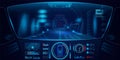 Game car control panel. Autonomous drive. Vehicle cockpit interface. Digital road dashboard. Automotive technology. UI