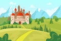 Game castle on hill scene. Magic princess mansion. Road to palace. Fairytale landscape. Mountain panorama. Medieval