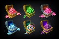 Game chest. Cartoon colored precious jewelry stones, achievement game design element, batch of glowing gems. Vector