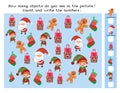 Game for children. Count and write the numbers. How many objects do you see here. Cute Santa, elves and Christmas items