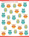 A game for children. Find all groups of owls and circle them as shown in the sample