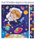 Game for children. Find 10 hidden objects in picture. Puzzle hidden elements game. Boy astronaut in outer space met Royalty Free Stock Photo