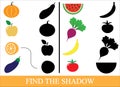 Game for children. Find the shadow of objects of vegetables, berries and fruits. Royalty Free Stock Photo