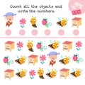 Game for children. How many objects do you see here. Count and write numbers. Activity, color vector illustration. Cute Royalty Free Stock Photo