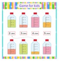 Game for children. Measuring capacity of the bottles. Worksheet for kids