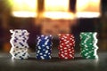 Game chips on black table and game room background Royalty Free Stock Photo