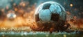 After game. Closeup soccer ball on grass of football field at crowded stadium Royalty Free Stock Photo