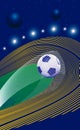 Game. Closeup soccer ball on grass of football field at crowded stadium with spotlights at evening time. Concept of