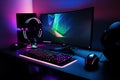 Game computer desktop with neon lights background, Modern PC computer , gaming keyboard.Generative ai