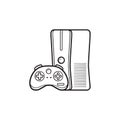 Game console with joystick hand drawn outline doodle icon.