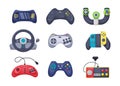 Game console objects set. Gamepad, playing joystick, video console, joy video games gadgets