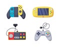 Game console objects set. Gamepad, playing joystick, video console, joy video games gadgets