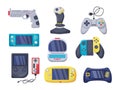 Game console objects set. Gamepad, playing joystick, video console, joy video games gadgets