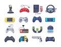 Game console objects set. Gamepad, playing joystick, video console, joy video games gadgets