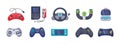 Game console objects set. Gamepad, playing joystick, video console, joy video games gadgets