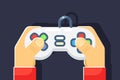 Game console retro games player hands joystick controller flat icon isolated vector illustration