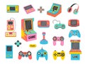 Game consoles. Vintage retro gadgets for kids pleasure relax time gaming stuff recent vector stylized pictures set