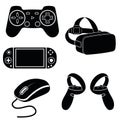 game controller joystick, virtual reality glasses and computer mouse, isolated vector illustration icon stencil
