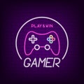 Game controller neon sign. Neon light signboard for gamer logo with bright gamepad. Vector.