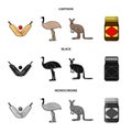 A game of cricket, an emu ostrich, a kangaroo, a popular food.Australia set collection icons in cartoon,black,monochrome Royalty Free Stock Photo