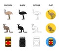 A game of cricket, an emu ostrich, a kangaroo, a popular food.Australia set collection icons in cartoon,black,outline Royalty Free Stock Photo