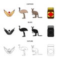 A game of cricket, an emu ostrich, a kangaroo, a popular food.Australia set collection icons in cartoon,black,outline Royalty Free Stock Photo