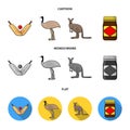 A game of cricket, an emu ostrich, a kangaroo, a popular food.Australia set collection icons in cartoon,flat,monochrome