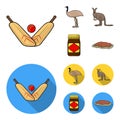 A game of cricket, an emu ostrich, a kangaroo, a popular food.Australia set collection icons in cartoon,flat style Royalty Free Stock Photo