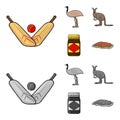 A game of cricket, an emu ostrich, a kangaroo, a popular food.Australia set collection icons in cartoon,monochrome style Royalty Free Stock Photo