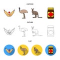 A game of cricket, an emu ostrich, a kangaroo, a popular food.Australia set collection icons in cartoon,outline,flat Royalty Free Stock Photo