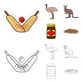 A game of cricket, an emu ostrich, a kangaroo, a popular food.Australia set collection icons in cartoon,outline style Royalty Free Stock Photo