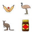 A game of cricket, an emu ostrich, a kangaroo, a popular food.Australia set collection icons in cartoon style vector Royalty Free Stock Photo