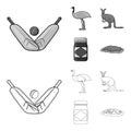 A game of cricket, an emu ostrich, a kangaroo, a popular food.Australia set collection icons in outline,monochrome style
