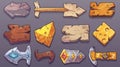 Game cursors. Cartoon modern illustration set with wood and stone mouse points, cracks and metal ground, holes in cheese