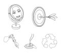 Game Darts, reflection in the mirror and other web icon in outline style. Cigar in ashtray, calipers in hands icons in