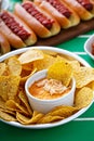 Game day food for Super Bowl, chips and hot dogs