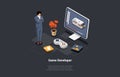 Game Development Concept. GameDev In Process Of Create And Develop New Computer Video Game Design. Digital Technology