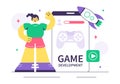 Game Development Vector Illustration Featuring Games, Digital Technology, Programming, and Coding for the Technical Aspects Royalty Free Stock Photo
