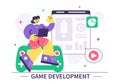 Game Development Vector Illustration Featuring Games, Digital Technology, Programming, and Coding for the Technical Aspects Royalty Free Stock Photo